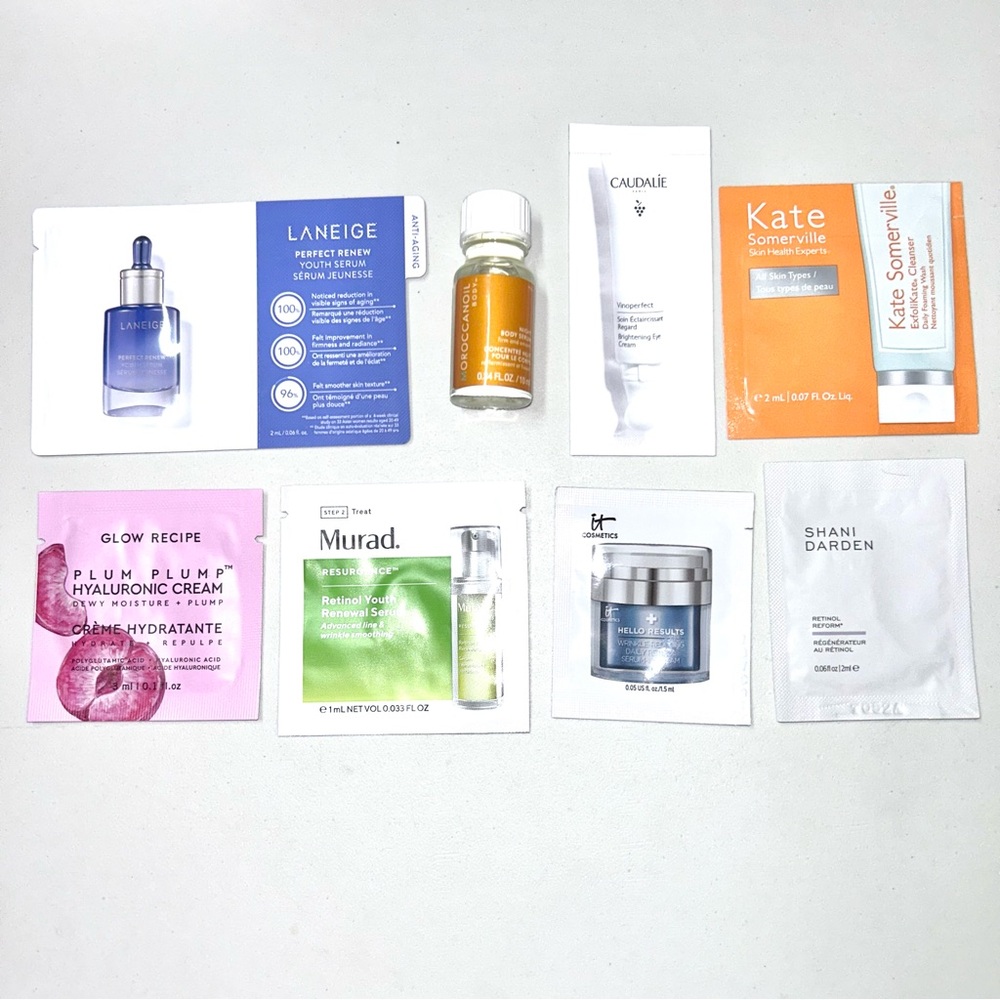 Sephora 8 skincare samples anti-aging Moroccanoil Glow Recipe Laneige Caudalie